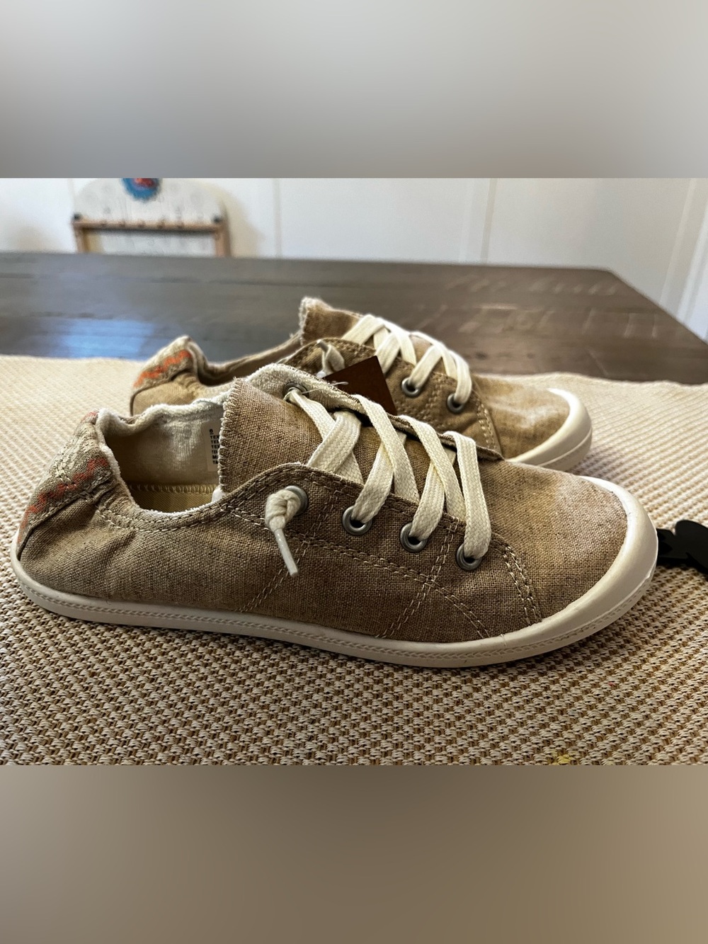 Women’s Casual Canvas Sneakers in Tan with Cream Laces, size 6